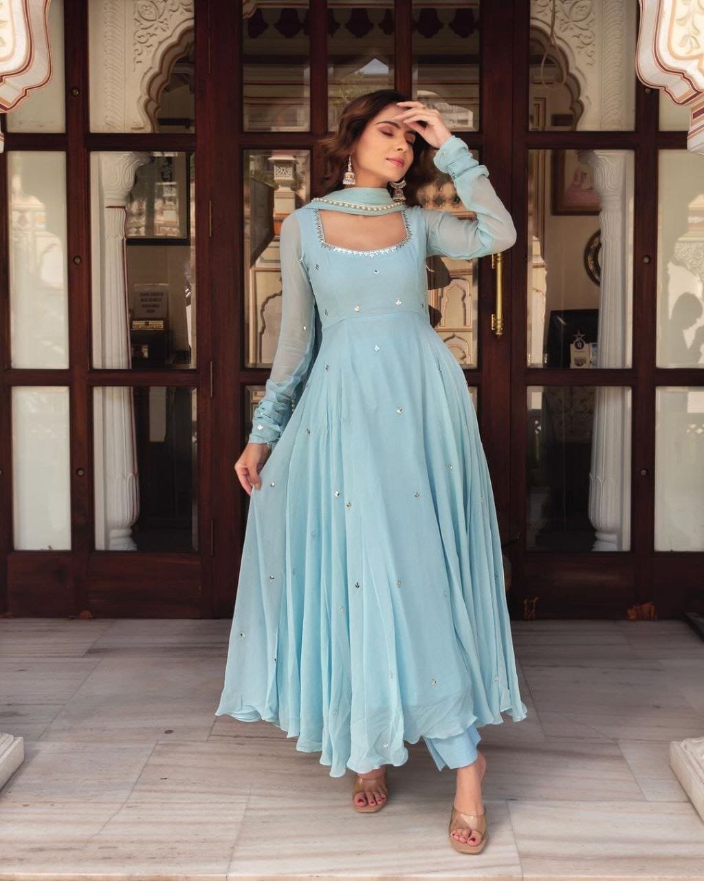 *SKY BLUE PASTEL ANARKALI 💙🤍✨*