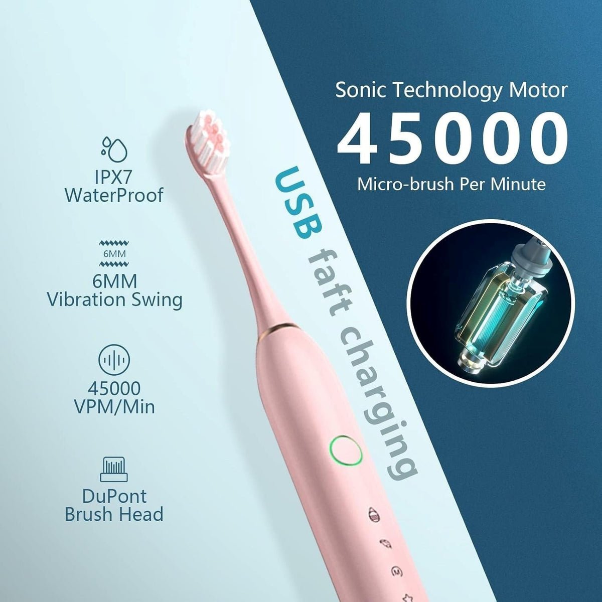 Cosmic Lite Sonic Rechargeable Toothbrush with 6 Modes, 3 Brush Heads, 1 Interdental Head, Rechargeable, Toothbrush - Pack of 1 (Black, White, Pink) Random Color