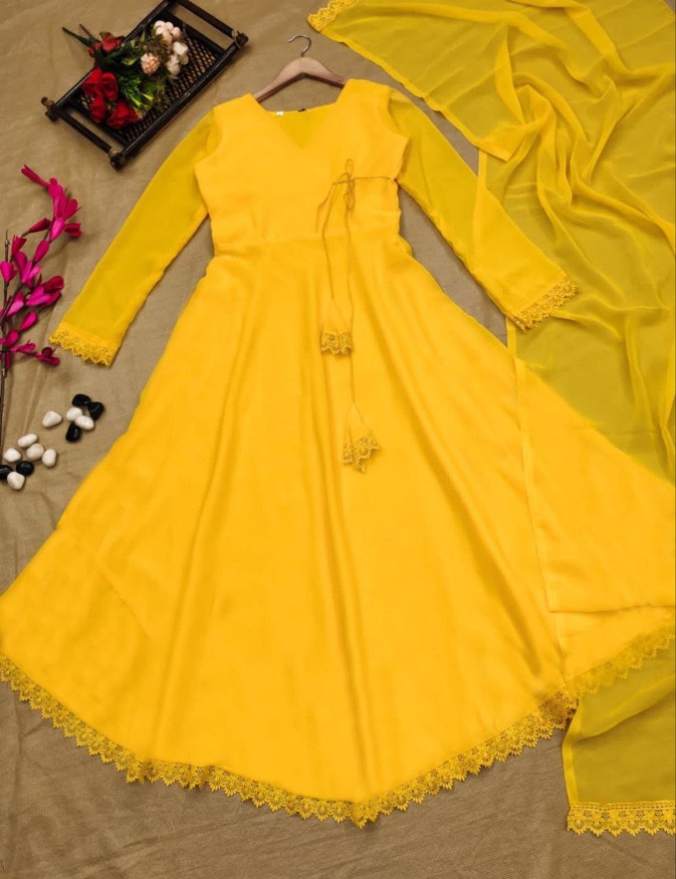 *Yellow,Mehndi green Colour Gown Dupatta Lace With Latkan*