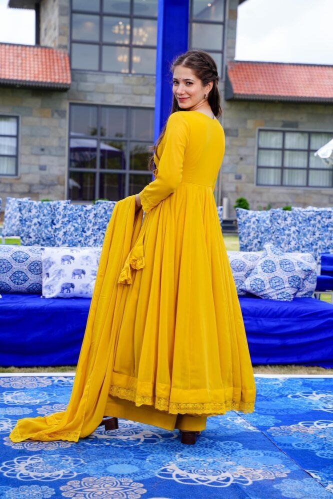 *Yellow,Mehndi green Colour Gown Dupatta Lace With Latkan*