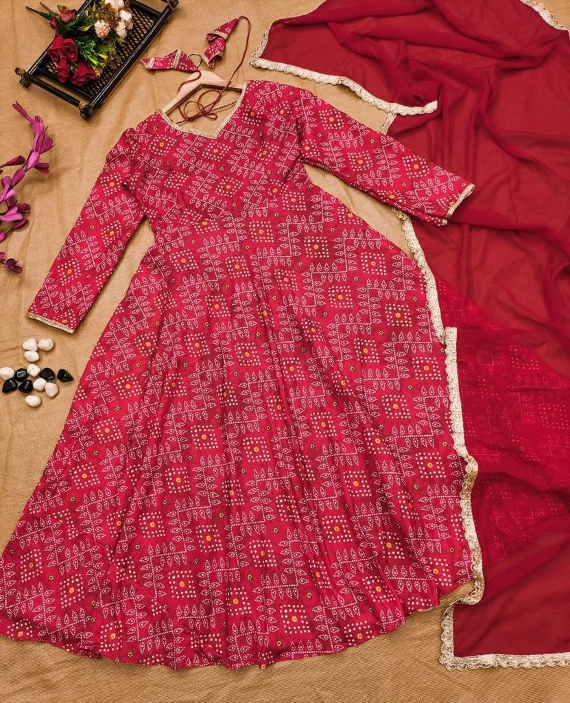 Red Rayon Bandhani  Suit Set ❤️❣️♥️