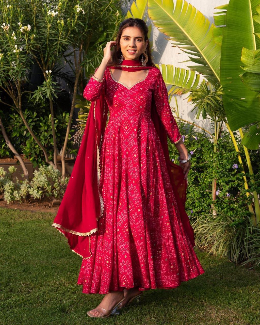 Red Rayon Bandhani  Suit Set ❤️❣️♥️