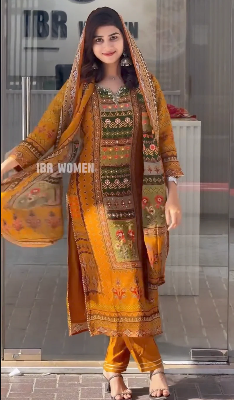 Orange Dull Satin Work Dress